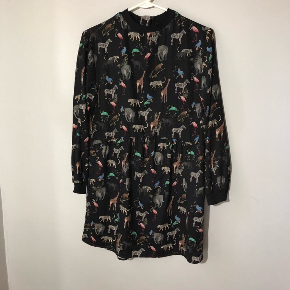 Zara basic black animal print long sleeve pullover dress pockets womens S